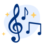 Illustration of a treble clef and some quarter notes on a blue background with yellow sparkles