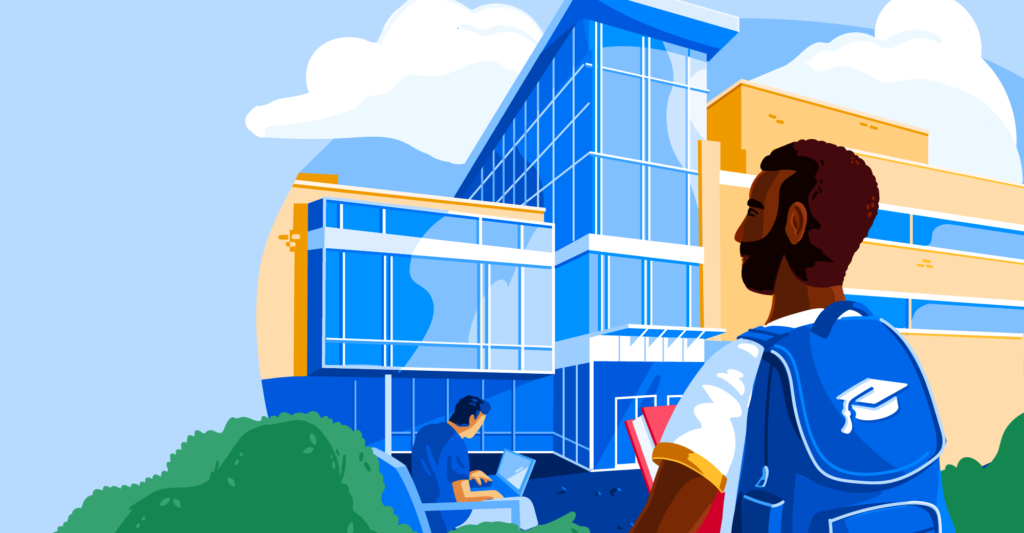 Illustration of male student wearing backpack in front of an institution, representing the challenges faced and overcome by international students.