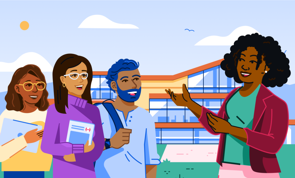 An illustration of three students listening to an instructor talking. In the background is a modern, glass school building and a blue sky.