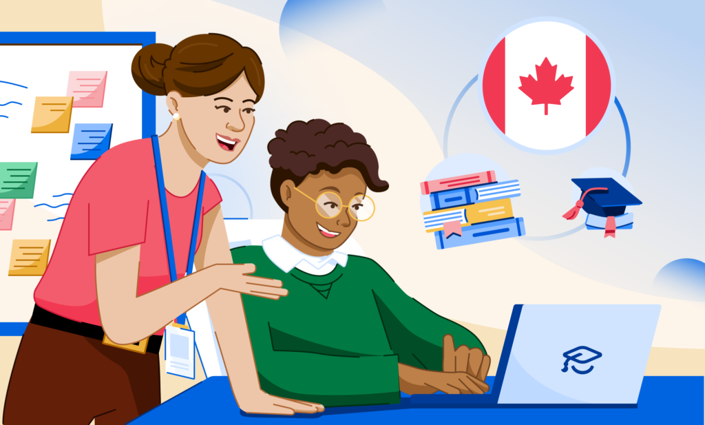 An illustration of two students at a desk with Canada's flag, grad hat, and books graphic behind them, as they search online for jobs for students in Canada.