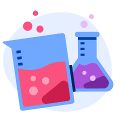 An illustration of scientific beakers filled with colourful liquids. 