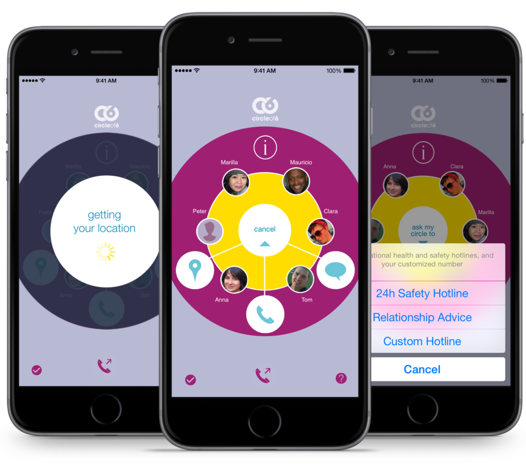 Three mobile smartphones, each showing a different screen of the Circle of 6 mobile app