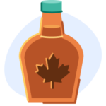 An illustration of a bottle of maple syrup (amber-coloured liquid in a glass bottle, green lid)