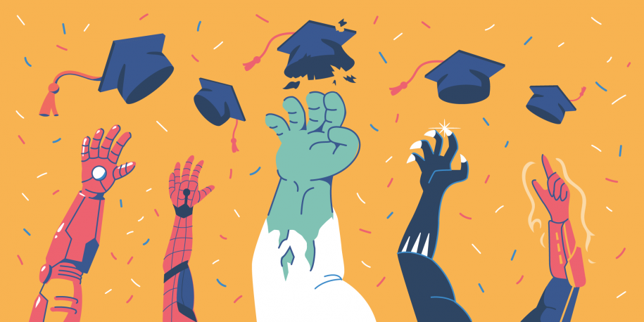 Superheroes throwing graduation caps in the air