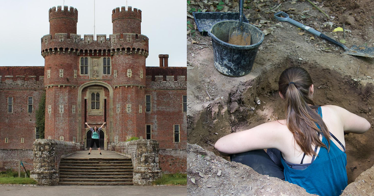 Photos of Alecs Romanisin in front of a castle in the UK and on a dig in Greece