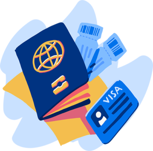 An illustration of a passport, airplane tickets, visa card, and travel documents.