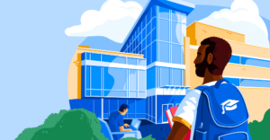 Illustration of man in front of school