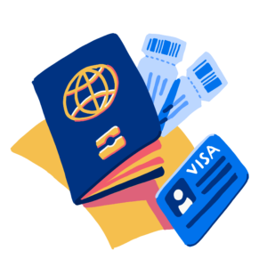 Illustration of passport, visa, and airplane tickets