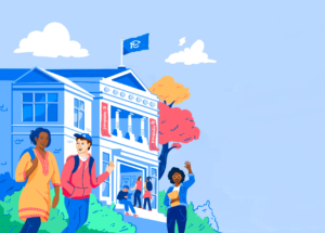 Illustration of students walking on campus