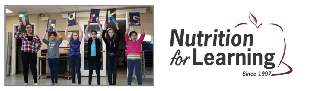 Children holding letters spelling "thanks" and Nutrition for Learning logo