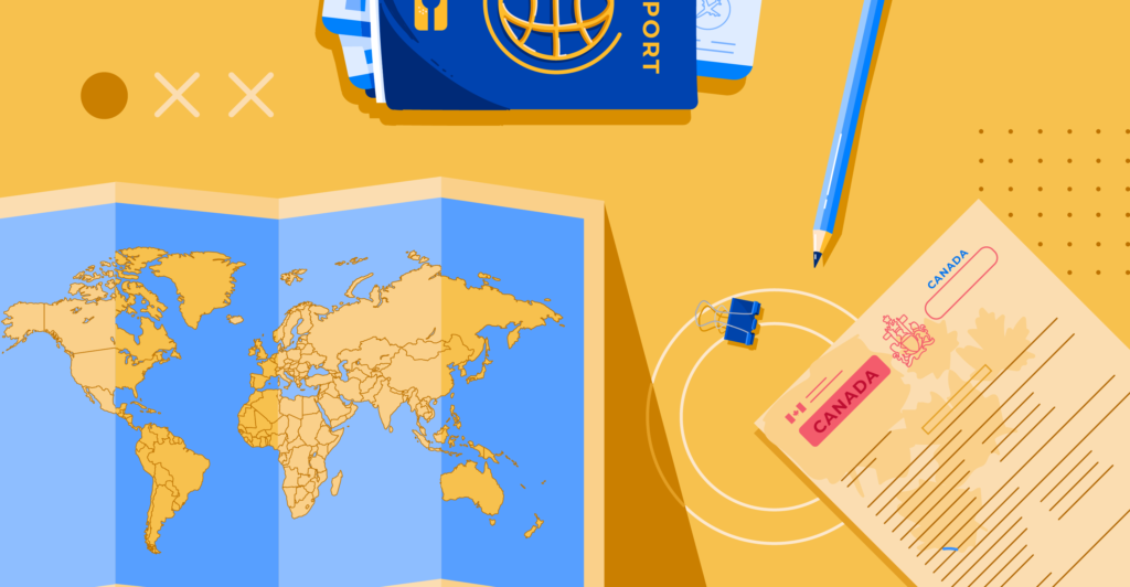 Illustration of map, study permit, and travel documents