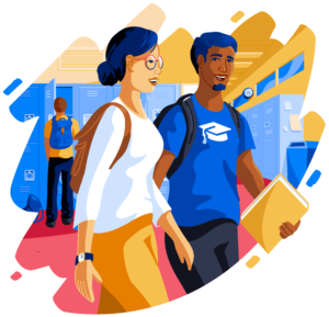 Illustration of two students walking in school