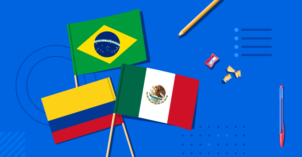 Illustration of Brazilian, Mexican, and Colombian flags beside some school supplies.