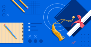 Illustration of graduation cap, diploma, and school supplies