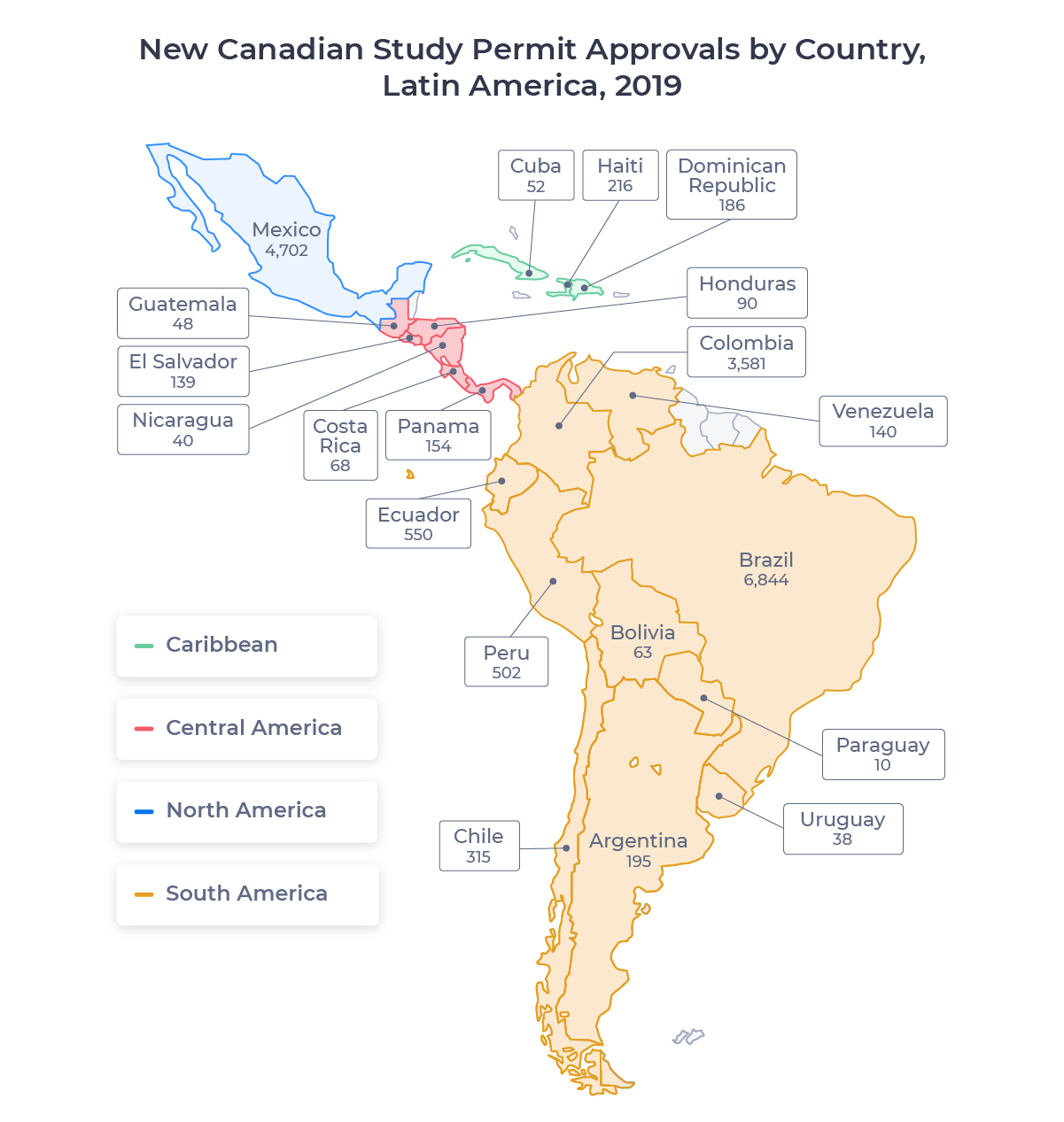 Map showing the countries of Latin America. Includes Argentina, Bolivia, Brazil, Chile, Colombia, Costa Rica, Cuba, Dominican Republic, Ecuador, El Salvador, Guatemala, Haiti, Honduras, Mexico, Nicaragua, Panama, Paraguay, Peru, Uruguay, and Venezuela.