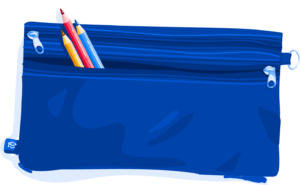 A blue pencil case with colourful pencils sticking out, symbolizing IELTS preparation material.