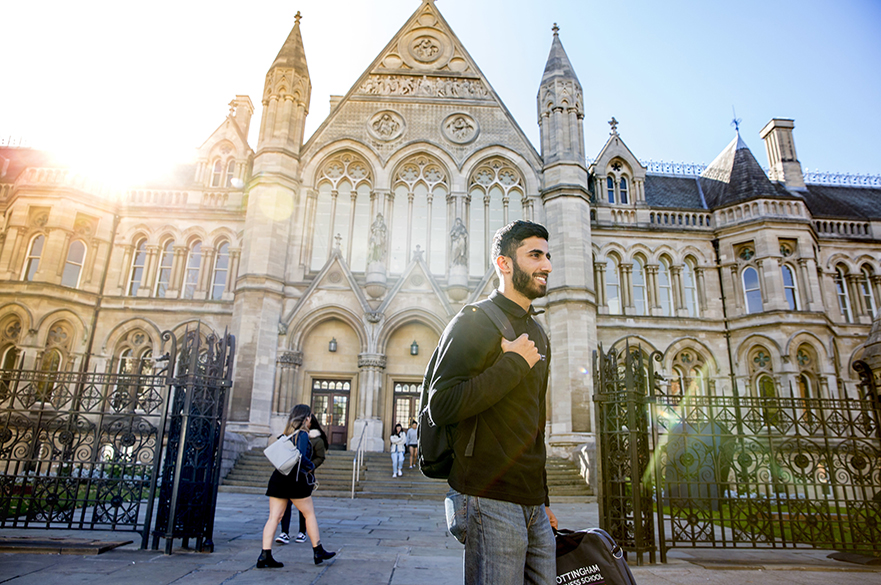 Male student in front of Nottingham Trent University