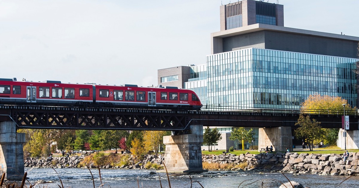 Carleton University campus with train passing by