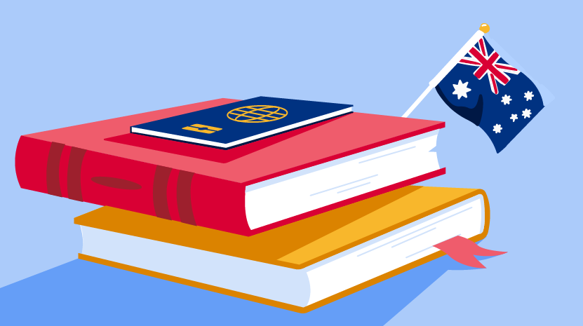Illustration of stack of books and passport with Australian flag