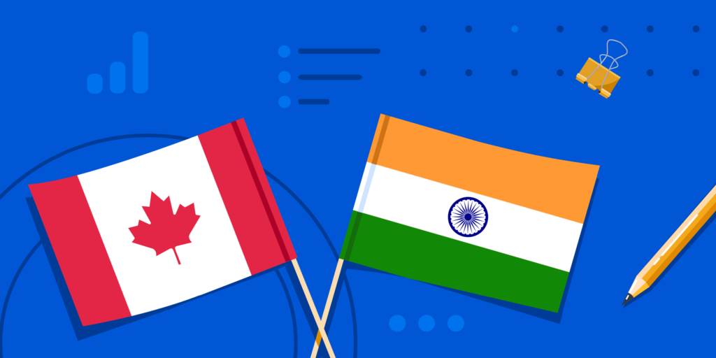 A Canadian flag, an Indian flag, and some school supplies.