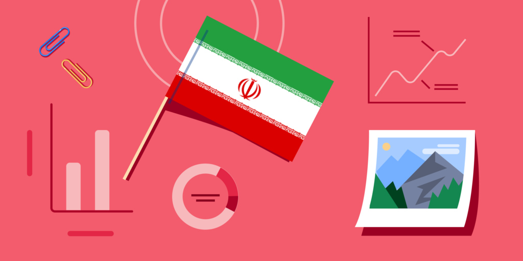 Iranian flag next to a picture of mountains and generic charts