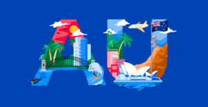 Graphic with the letters A and U and various Australian imagery