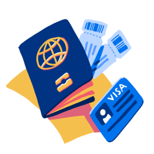 Illustration of passport, visa, and other travel documents