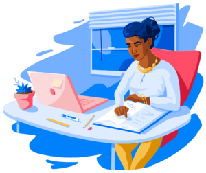 Illustration of female student working at laptop