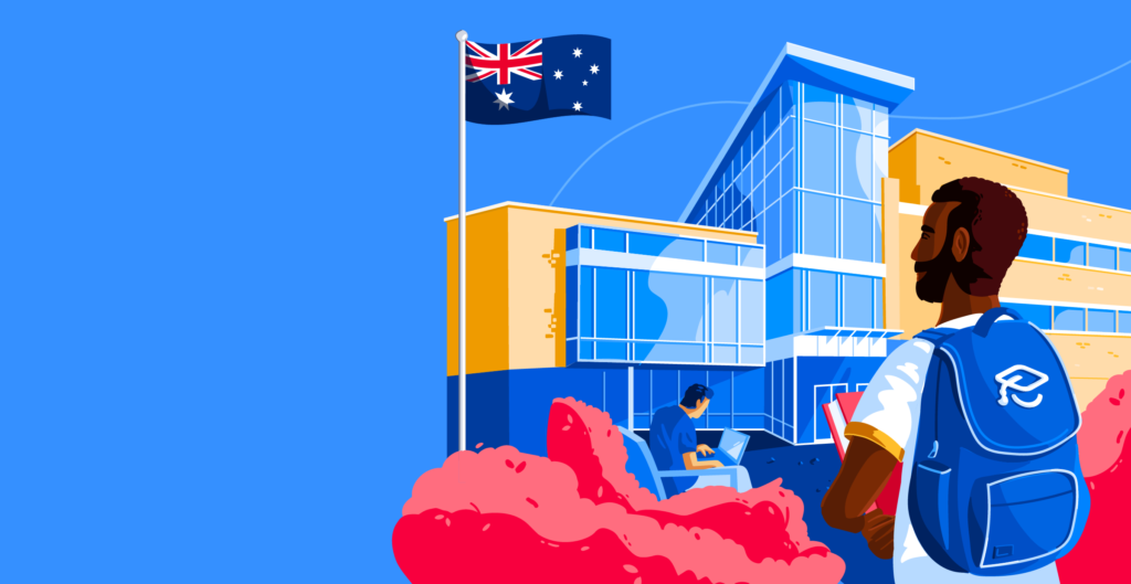 Illustration of male student in front of school with Australian flag