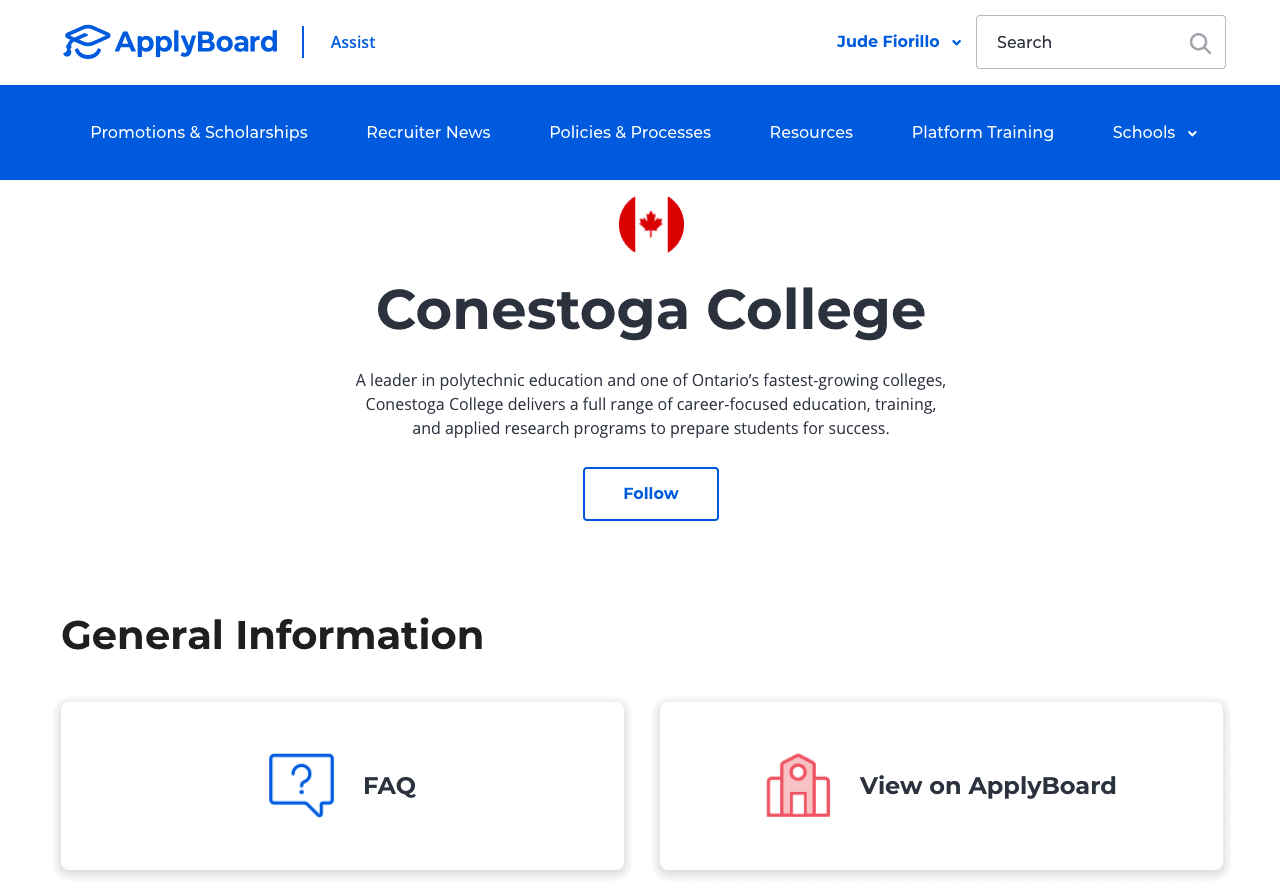 Screen shot of school page on Assist