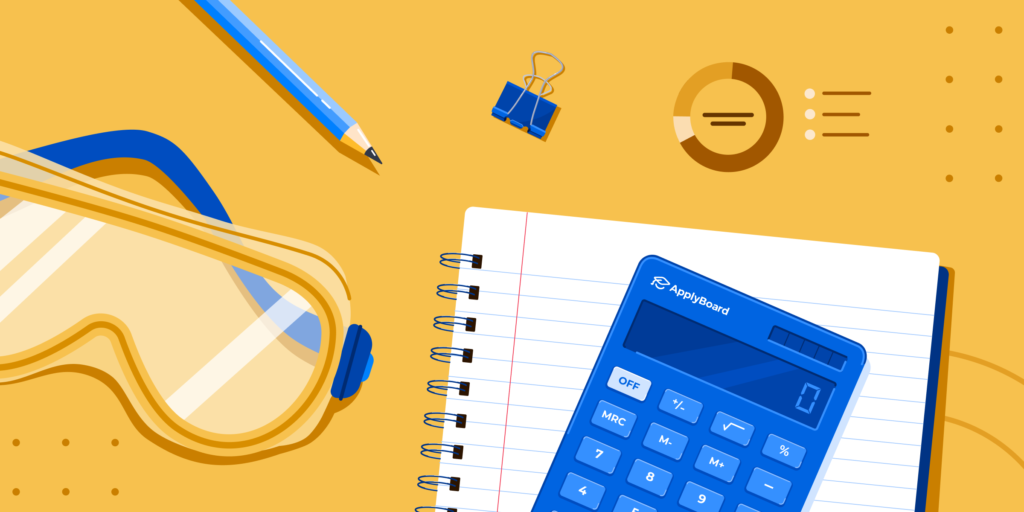 A notebook, a calculator, some goggles, and other school supplies.