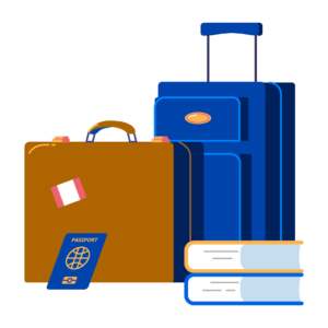 Illustration of luggage, books, and travel document
