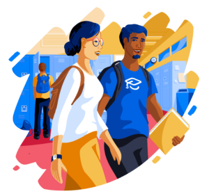 Illustration of female and male students walking in hallway