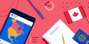 AI Changes to Canadian Study Permit Approval Rate banner with a map of Canada on a phone, a pad of paper labelled "updates", a Canadian flag, a passport, and a pen