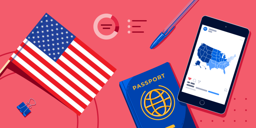 An American flag, a passport, a smartphone showing a regional map of the US, and some school supplies.