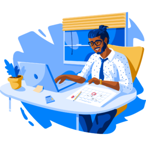 Illustration of male student studying on laptop, with a calendar beside him