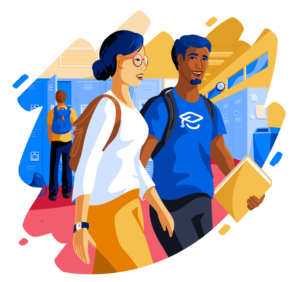 Illustration of students walking in hallway