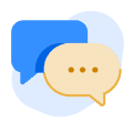 An illustration of a conversation: two speech bubbles, one plain blue and one taupe with an ellipsis (...)