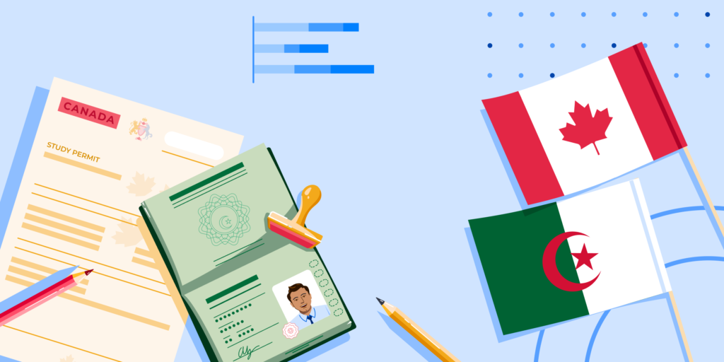 AI Algeria banner featuring an Algerian flag, Canadian flag, Algerian passport, Canadian study permit document, and generic graphs