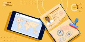 A passport and a smartphone showing a map with Canada, the US, the UK, and Australia highlighted.