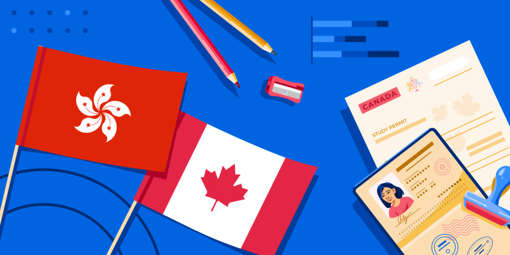 The Hong Kong flag, the Canadian flag, a passport, and some school supplies.