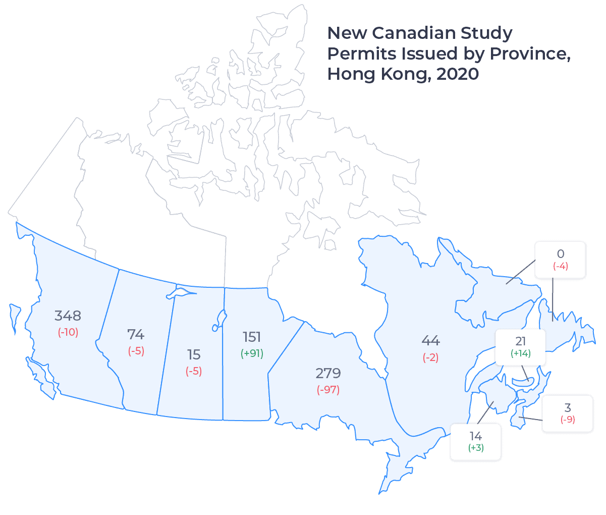 Map showing the distribution of new Canadian study permits issued to Hong Kong residents by province of study in 2020. Examined in detail below.