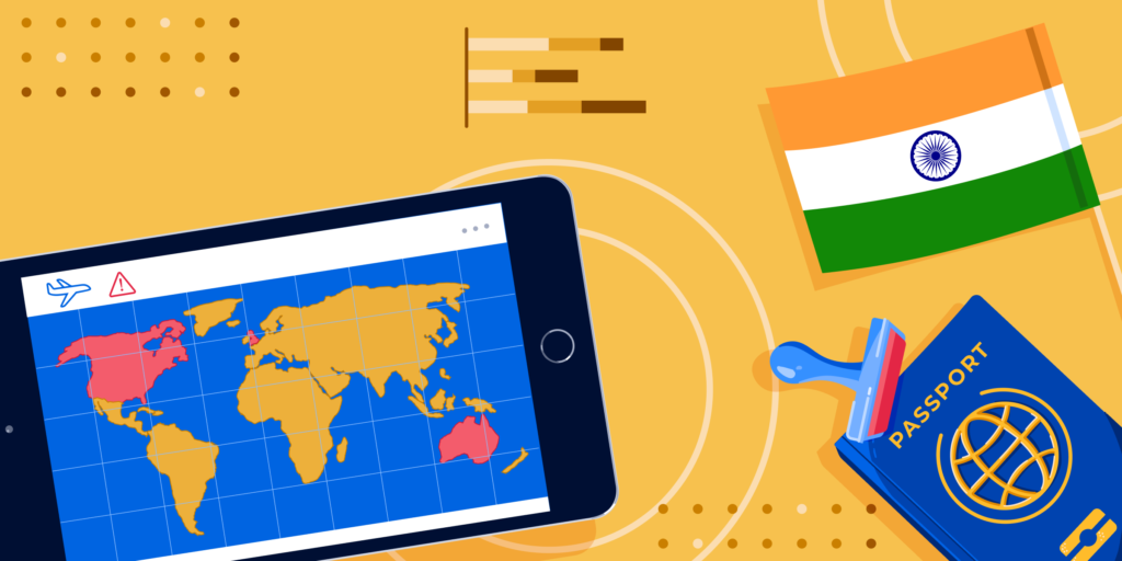 The Indian flag, a passport, and a smartphone showing a world map with Canada, the UK, the US, and Australia highlighted.