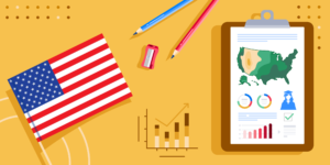 A US flag, some school supplies, and a clipboard showing a topographical map of the US with some graphs.