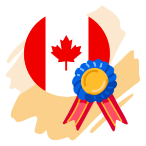 A Canadian flag and an award ribbon.