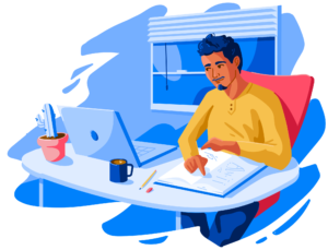 Illustration of male student studying at desk