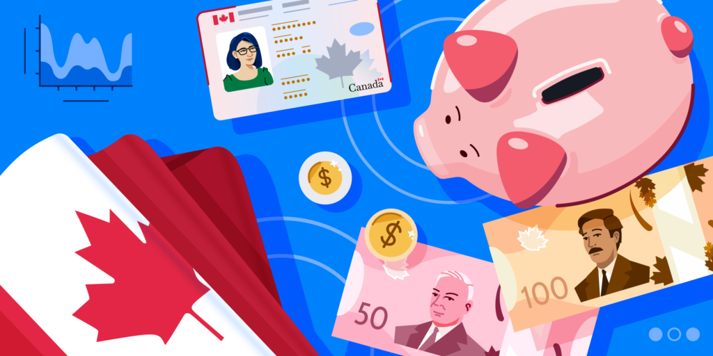 Banner for ApplyInsights: Canadian Study and Work Permits Drive Higher Permanent Resident Income featuring a piggy bank, Canadian money, a Canadian ID card, a folded Canadian flag