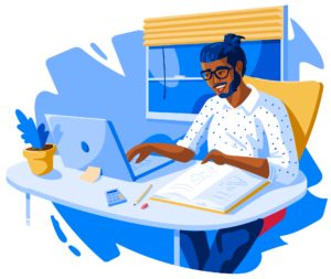 Illustration of male student studying online