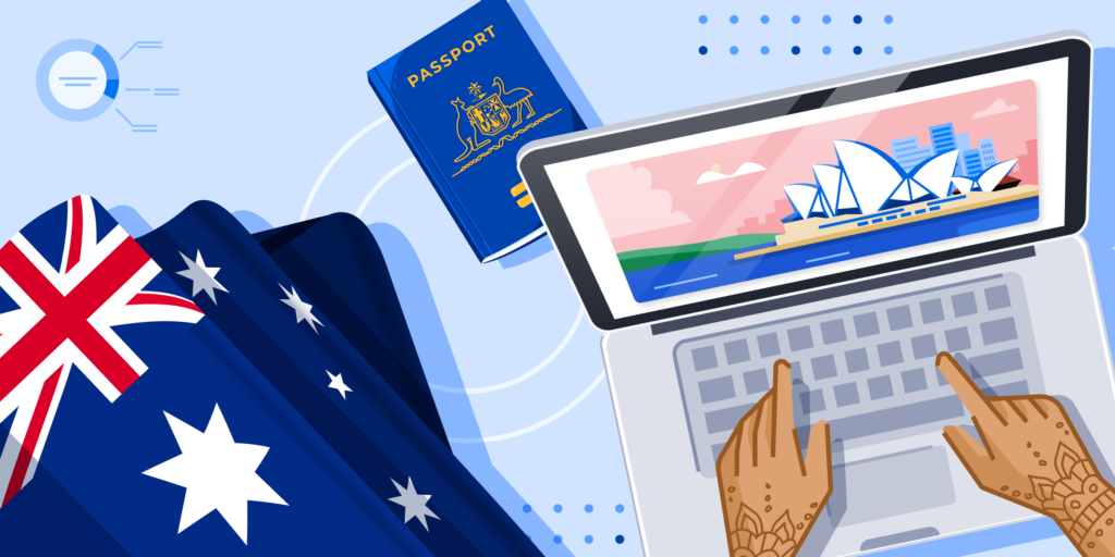 ApplyInsights: International Students Extending Their Australian Studies banner featuring student hands on an open laptop, Australian passport, Australian flag, and image of Sydney Opera House