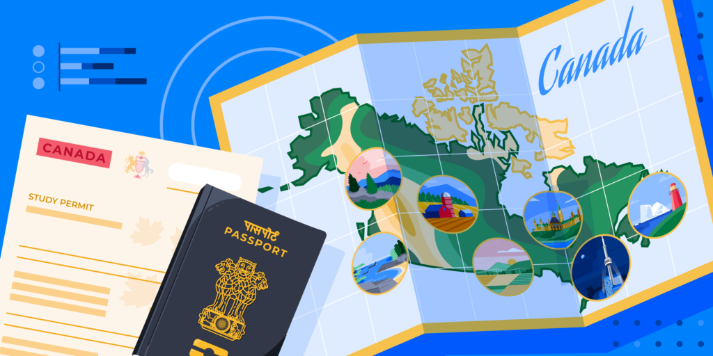 A map of Canada with inset pictures showing scenery from across the country, alongside an Indian passport and a Canadian study permit.